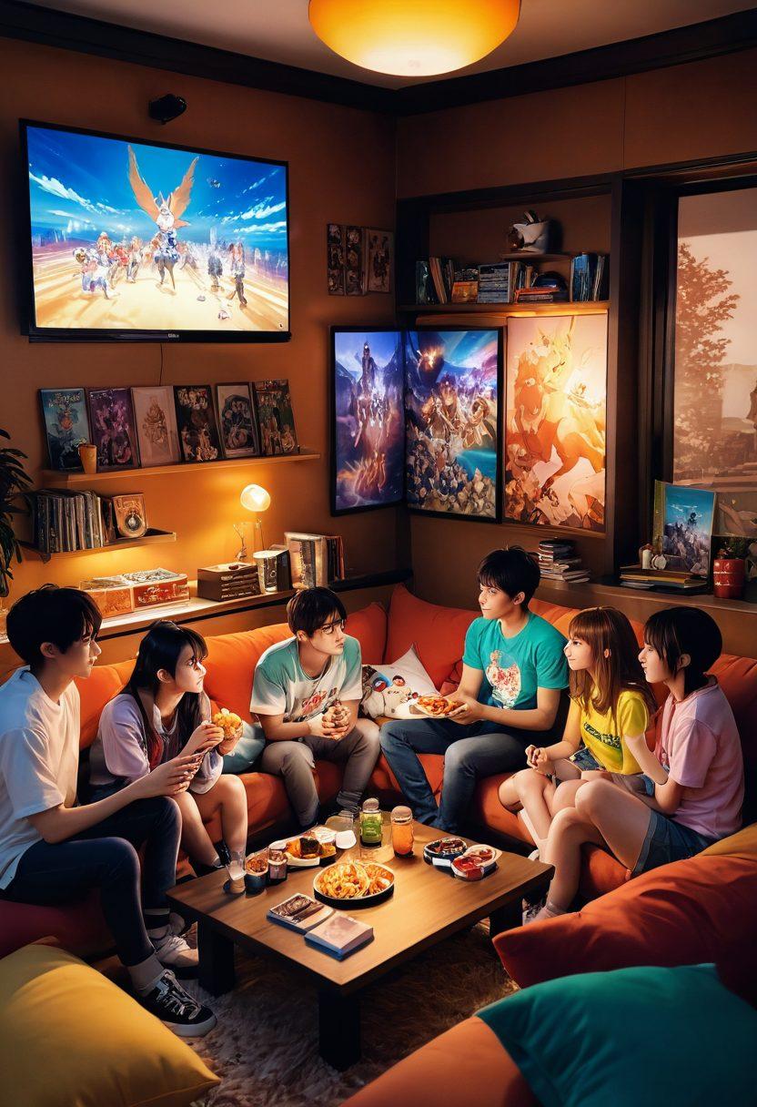 A dynamic scene featuring a diverse group of friends gathered around a large screen, immersed in vibrant anime visuals, showcasing striking character designs and colorful action sequences. The setting is a cozy room filled with plush cushions and snacks, reflecting a casual and relaxed atmosphere, emphasizing enjoyment and excitement. Mood lighting casts playful shadows, creating a warm, inviting vibe. anime style, vivid colors, warm tones.